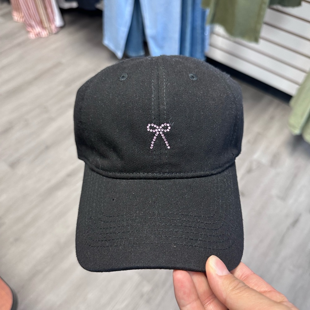 Black womens Cap with Pink Bow rhinestone Embellishment